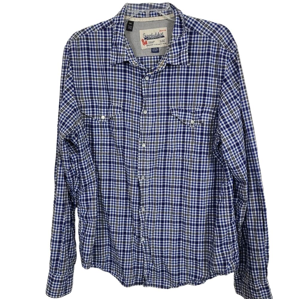 SuperbadShirt Men  Blue White Check Long Sleeve Snap Rodeo Westercore Shirt XXL
